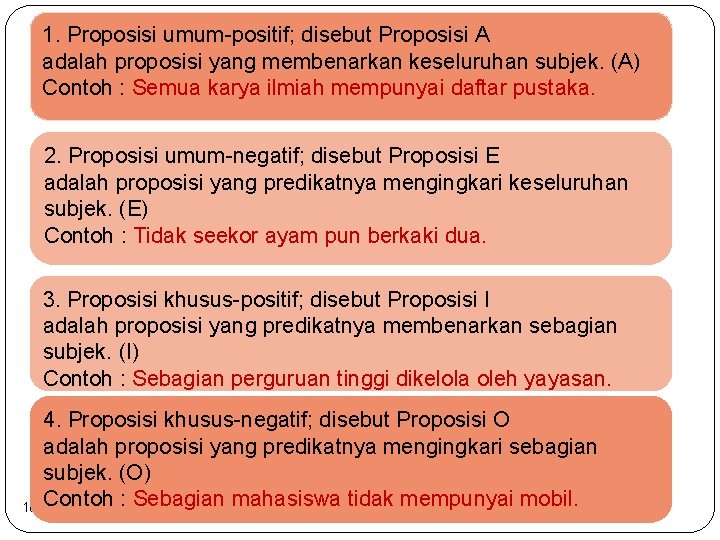 1. Proposisi umum-positif; disebut Proposisi A adalah proposisi yang membenarkan keseluruhan subjek. (A) Contoh