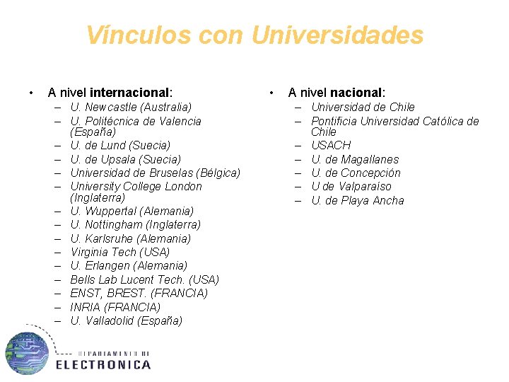 Vínculos con Universidades • A nivel internacional: – U. Newcastle (Australia) – U. Politécnica