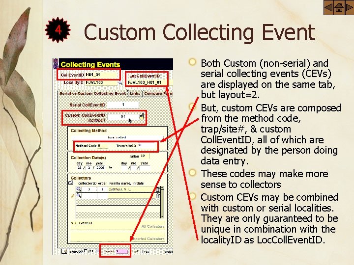 4 Custom Collecting Event Both Custom (non-serial) and serial collecting events (CEVs) are displayed