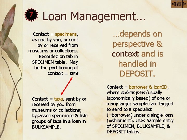 7 Loan Management. . . Context = specimens, owned by you, or sent by