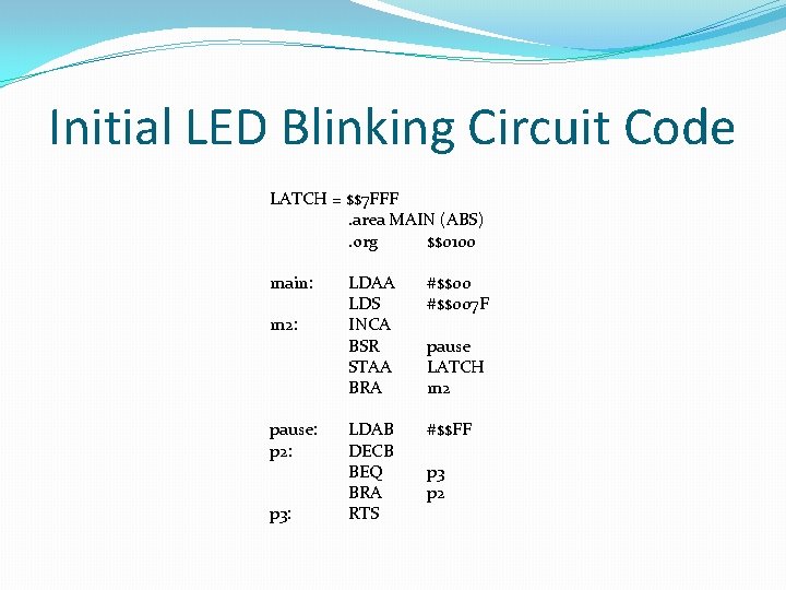 Initial LED Blinking Circuit Code LATCH = $$7 FFF. area MAIN (ABS). org $$0100