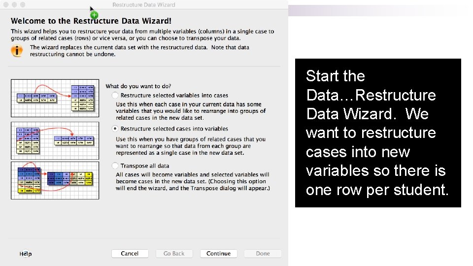 Start the Data…Restructure Data Wizard. We want to restructure cases into new variables so Start the Data…Restructure Data Wizard. We want to restructure cases into new variables so