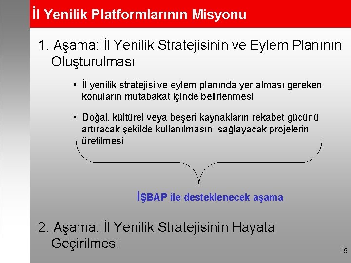 İl Yenilik Platformlarının Misyonu 1. Aşama: İl Yenilik Stratejisinin ve Eylem Planının Oluşturulması •