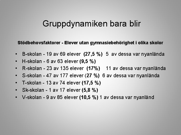 Gruppdynamiken bara blir Stödbehovsfaktorer - Elever utan gymnasiebehörighet i olika skolor • • B-skolan
