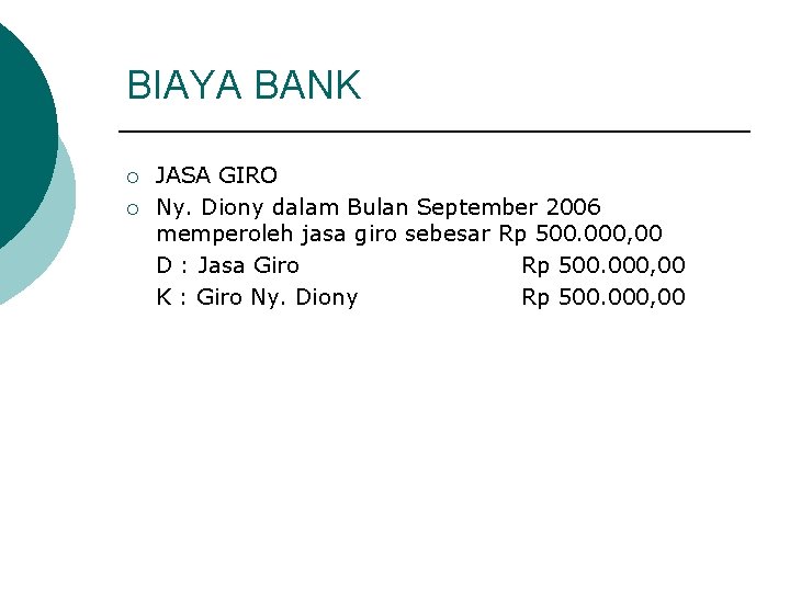 BIAYA BANK ¡ ¡ JASA GIRO Ny. Diony dalam Bulan September 2006 memperoleh jasa BIAYA BANK ¡ ¡ JASA GIRO Ny. Diony dalam Bulan September 2006 memperoleh jasa