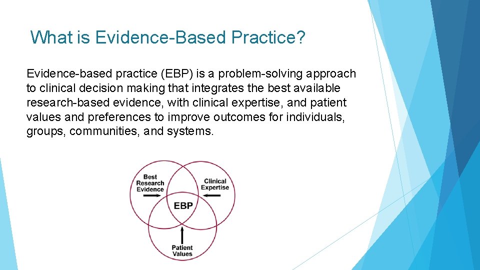 What is Evidence-Based Practice? Evidence-based practice (EBP) is a problem-solving approach to clinical decision
