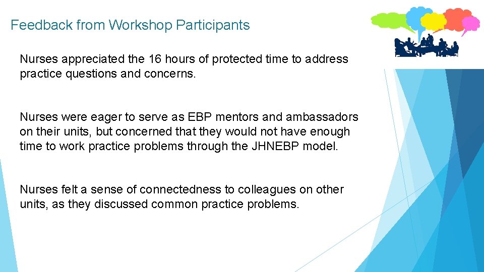 Feedback from Workshop Participants Nurses appreciated the 16 hours of protected time to address