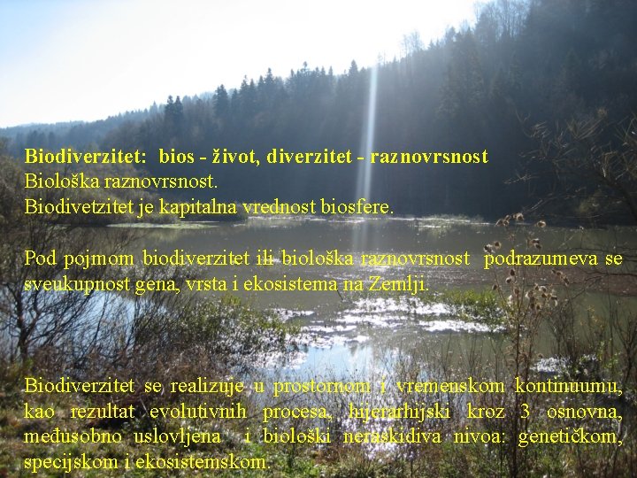 Biodiverzitet: bios - život, diverzitet - raznovrsnost Biološka raznovrsnost. Biodivetzitet je kapitalna vrednost biosfere.