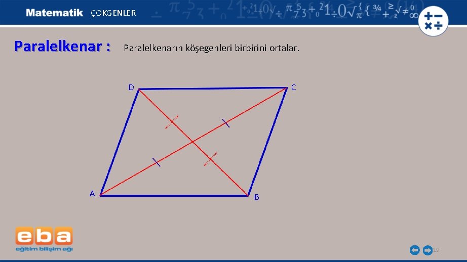 ÇOKGENLER Paralelkenar : Paralelkenarın köşegenleri birbirini ortalar. D A C B 19 