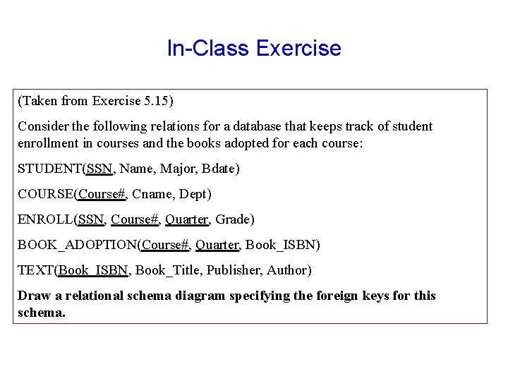 In-Class Exercise (Taken from Exercise 5. 15) Consider the following relations for a database