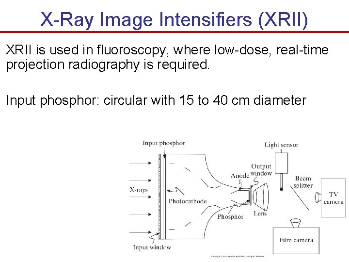 X-Ray Image Intensifiers (XRII) XRII is used in fluoroscopy, where low-dose, real-time projection radiography X-Ray Image Intensifiers (XRII) XRII is used in fluoroscopy, where low-dose, real-time projection radiography