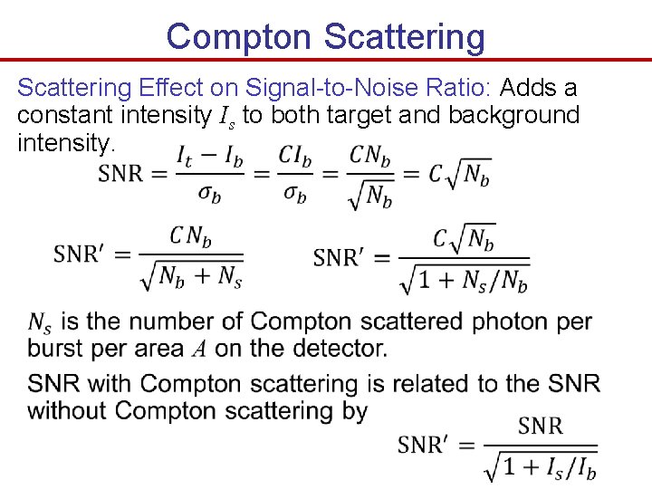 Compton Scattering Effect on Signal-to-Noise Ratio: Adds a constant intensity Is to both target Compton Scattering Effect on Signal-to-Noise Ratio: Adds a constant intensity Is to both target