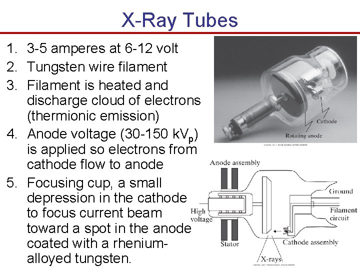 X-Ray Tubes 1. 3 -5 amperes at 6 -12 volt 2. Tungsten wire filament X-Ray Tubes 1. 3 -5 amperes at 6 -12 volt 2. Tungsten wire filament