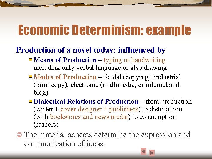 Economic Determinism: example Production of a novel today: influenced by Means of Production –