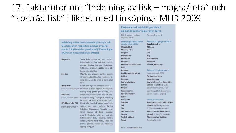 17. Faktarutor om ”Indelning av fisk – magra/feta” och ”Kostråd fisk” i likhet med