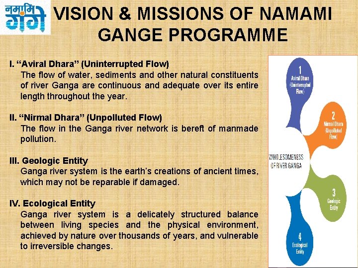 VISION & MISSIONS OF NAMAMI GANGE PROGRAMME I. “Aviral Dhara” (Uninterrupted Flow) The flow