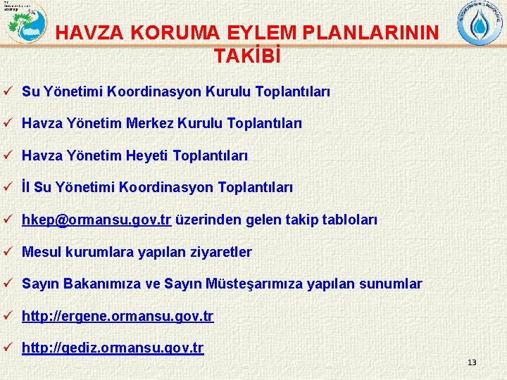 HAVZA KORUMA EYLEM PLANLARININ TAKİBİ ü Su Yönetimi Koordinasyon Kurulu Toplantıları ü Havza Yönetim