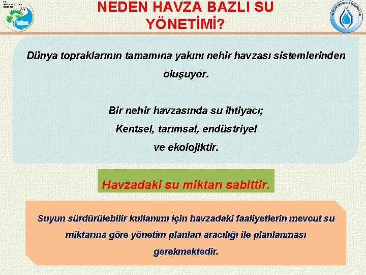 NEDEN HAVZA BAZLI SU YÖNETİMİ? Dünya topraklarının tamamına yakını nehir havzası sistemlerinden oluşuyor. Bir