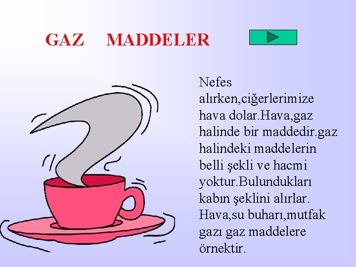 GAZ MADDELER Nefes alırken, ciğerlerimize hava dolar. Hava, gaz halinde bir maddedir. gaz halindeki