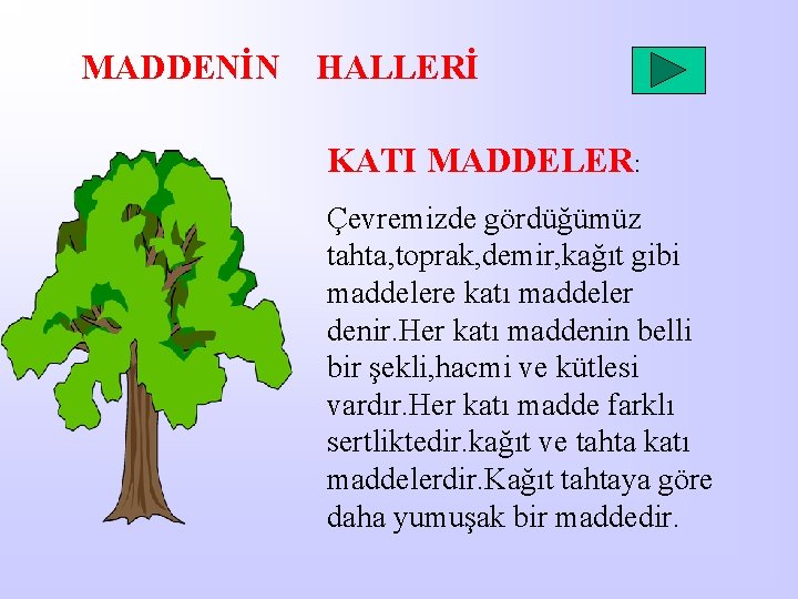 MADDENİN HALLERİ KATI MADDELER: Çevremizde gördüğümüz tahta, toprak, demir, kağıt gibi maddelere katı maddeler