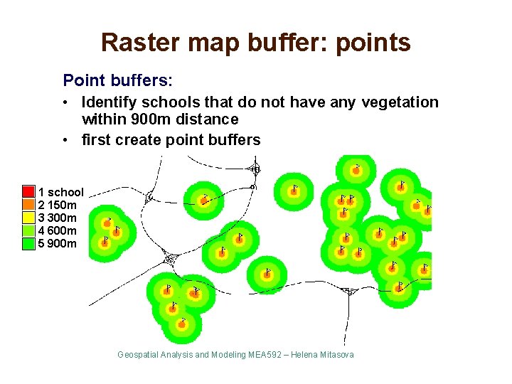 Raster map buffer: points Point buffers: • Identify schools that do not have any