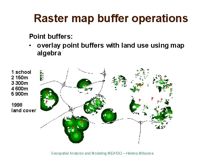 Raster map buffer operations Point buffers: • overlay point buffers with land use using
