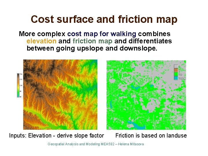 Cost surface and friction map More complex cost map for walking combines elevation and