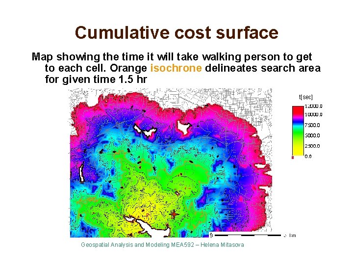 Cumulative cost surface Map showing the time it will take walking person to get