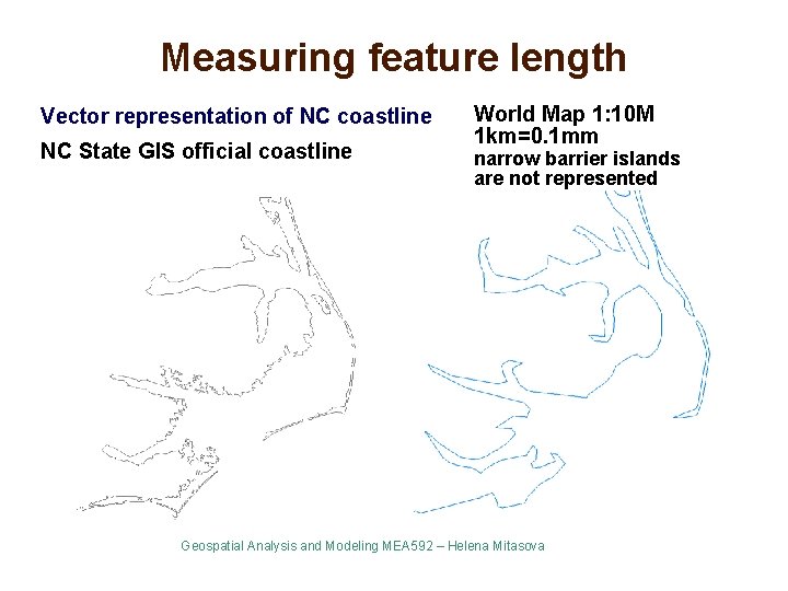 Measuring feature length Vector representation of NC coastline NC State GIS official coastline World