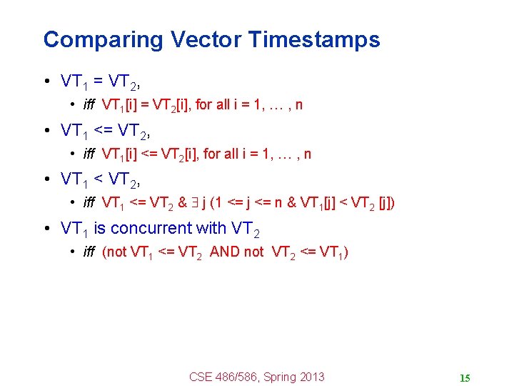 Comparing Vector Timestamps • VT 1 = VT 2, • iff VT 1[i] =
