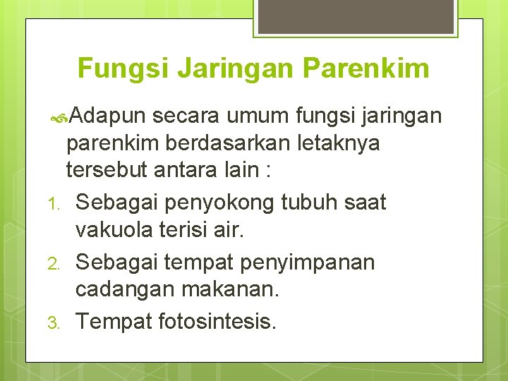 Fungsi Jaringan Parenkim Adapun secara umum fungsi jaringan parenkim berdasarkan letaknya tersebut antara lain