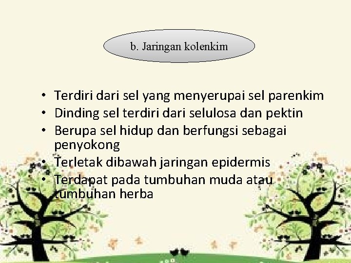 b. Jaringan kolenkim • Terdiri dari sel yang menyerupai sel parenkim • Dinding sel b. Jaringan kolenkim • Terdiri dari sel yang menyerupai sel parenkim • Dinding sel