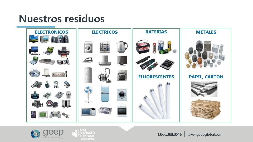 Nuestros residuos ELECTRONICOS ELECTRICOS BATERIAS METALES FLUORESCENTES PAPEL, CARTON 1. 866. 288. 8016 www.
