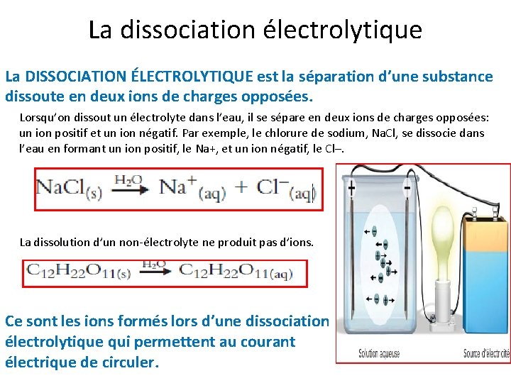 La dissociation électrolytique La DISSOCIATION ÉLECTROLYTIQUE est la séparation d’une substance dissoute en deux