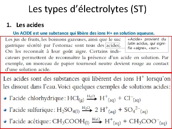 Les types d’électrolytes (ST) 1. Les acides Un ACIDE est une substance qui libère