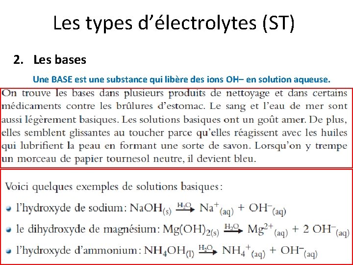 Les types d’électrolytes (ST) 2. Les bases Une BASE est une substance qui libère