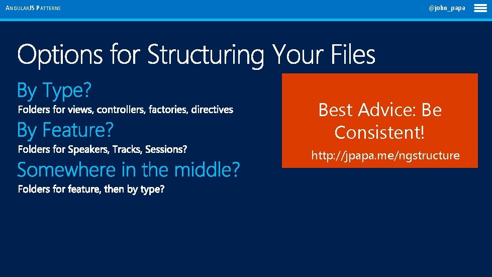 ANGULARJS PATTERNS @john_papa Best Advice: Be Consistent! http: //jpapa. me/ngstructure 