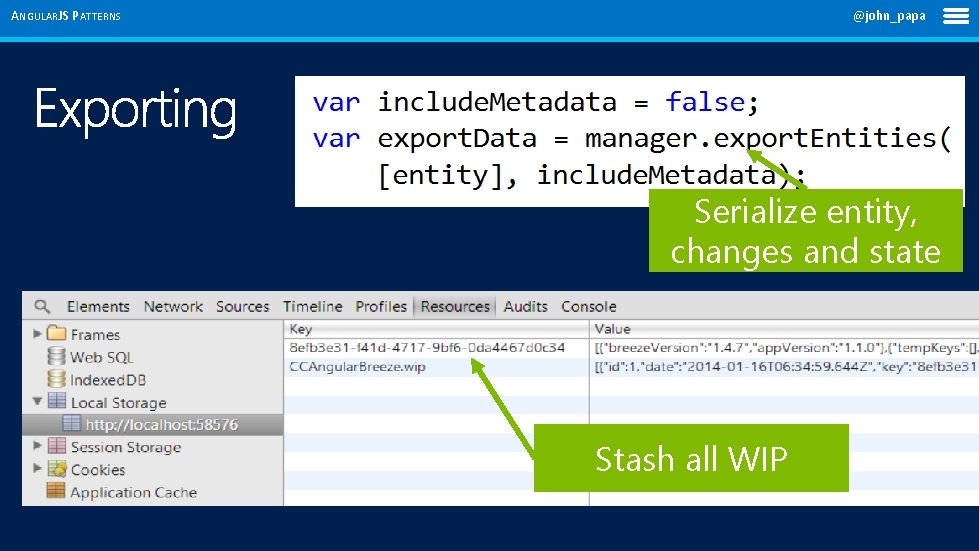 ANGULARJS PATTERNS @john_papa Serialize entity, changes and state Stash all WIP 