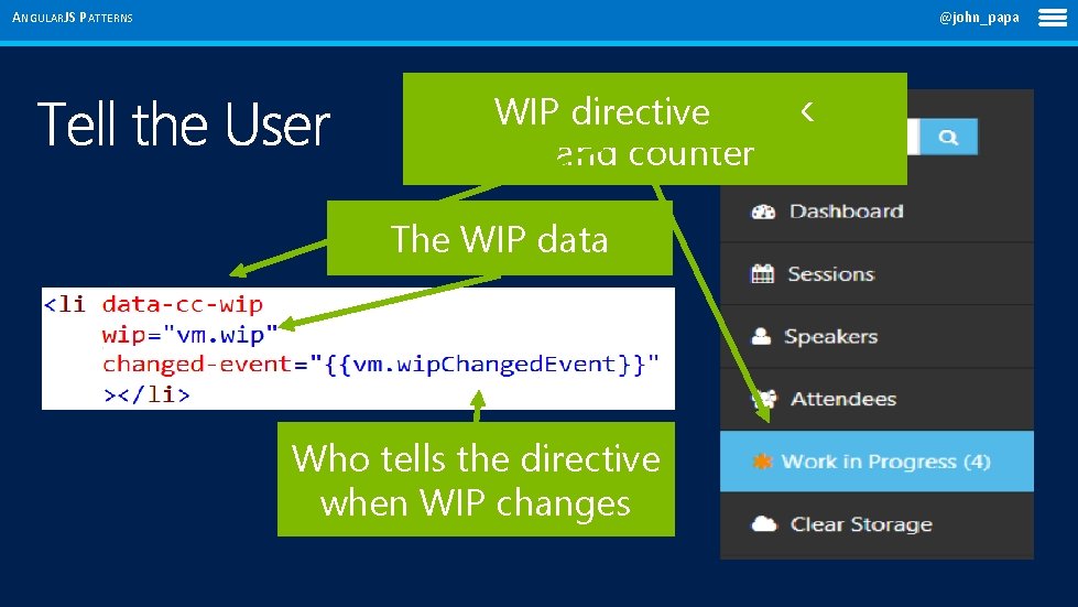 ANGULARJS PATTERNS @john_papa Update the asterisk WIP directive and counter The WIP data Who