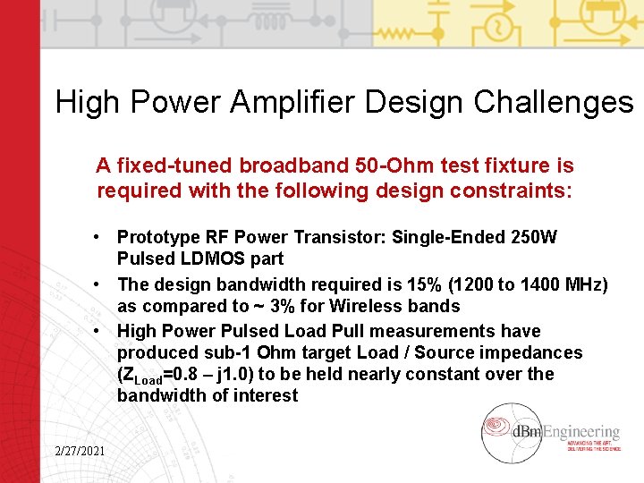 High Power Amplifier Design Challenges A fixed-tuned broadband 50 -Ohm test fixture is required