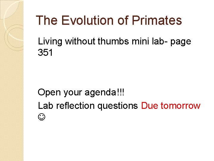 The Evolution of Primates Living without thumbs mini lab- page 351 Open your agenda!!!