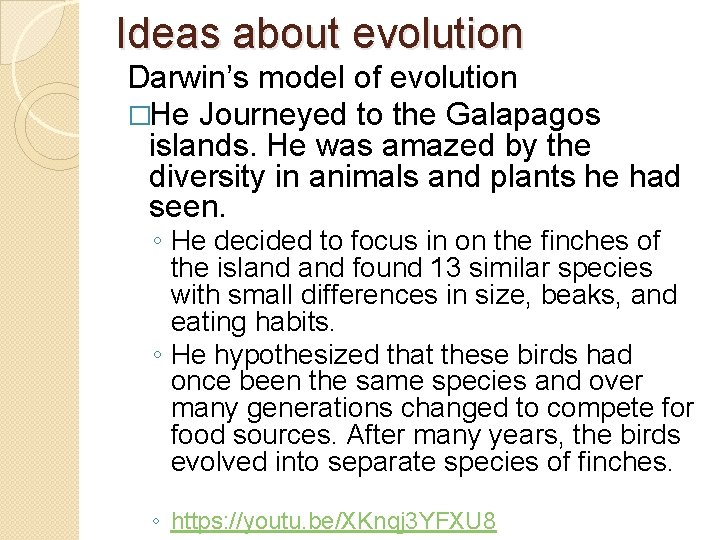 Ideas about evolution Darwin’s model of evolution �He Journeyed to the Galapagos islands. He
