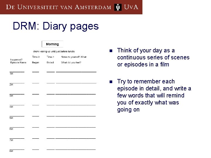 DRM: Diary pages n Think of your day as a continuous series of scenes