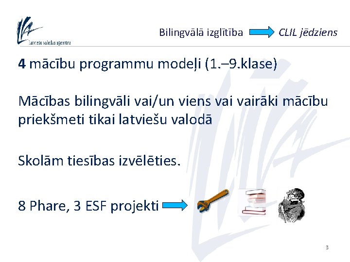 Bilingvālā izglītība CLIL jēdziens 4 mācību programmu modeļi (1. – 9. klase) Mācības bilingvāli