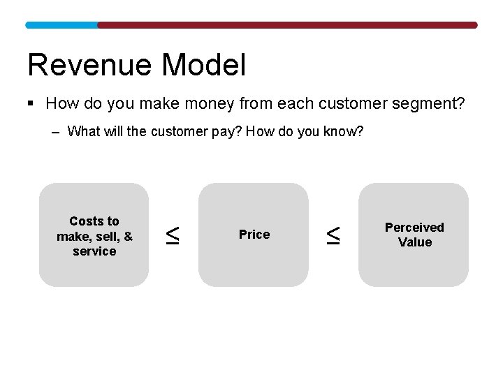 Revenue Model § How do you make money from each customer segment? – What