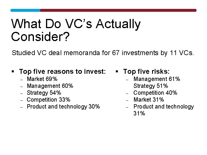 What Do VC’s Actually Consider? Studied VC deal memoranda for 67 investments by 11