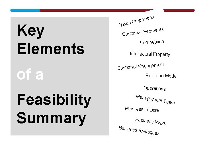 ition Key Elements of a Feasibility Summary opos r P e u Val nts