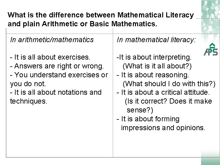 What is the difference between Mathematical Literacy and plain Arithmetic or Basic Mathematics. In