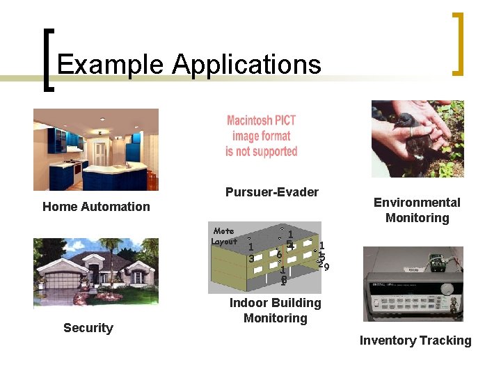 Example Applications Pursuer-Evader Environmental Monitoring Home Automation Mote Layout 1 3 1 54 6`