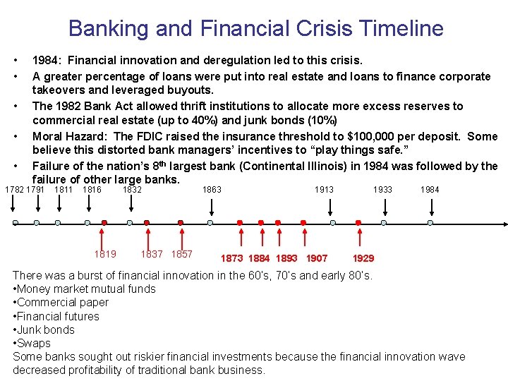 Banking and Financial Crisis Timeline • • • 1984: Financial innovation and deregulation led